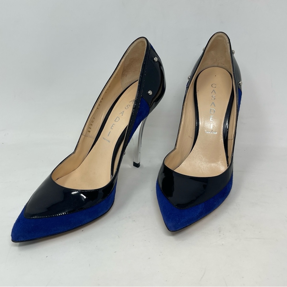 Casadei Black Patent Blue Suede Leather Stiletto Heels 7.5B